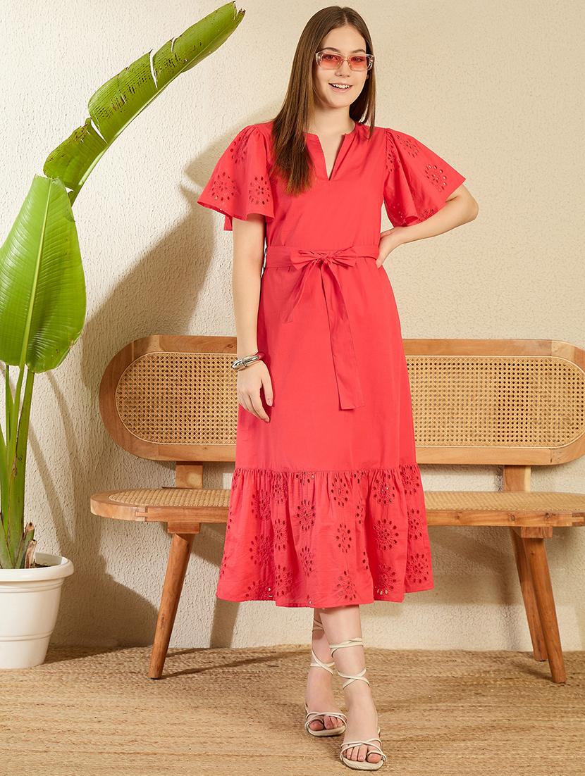 women solid flared sleeve tiered schiffli dress - 21976948 - Zoom Image - 0