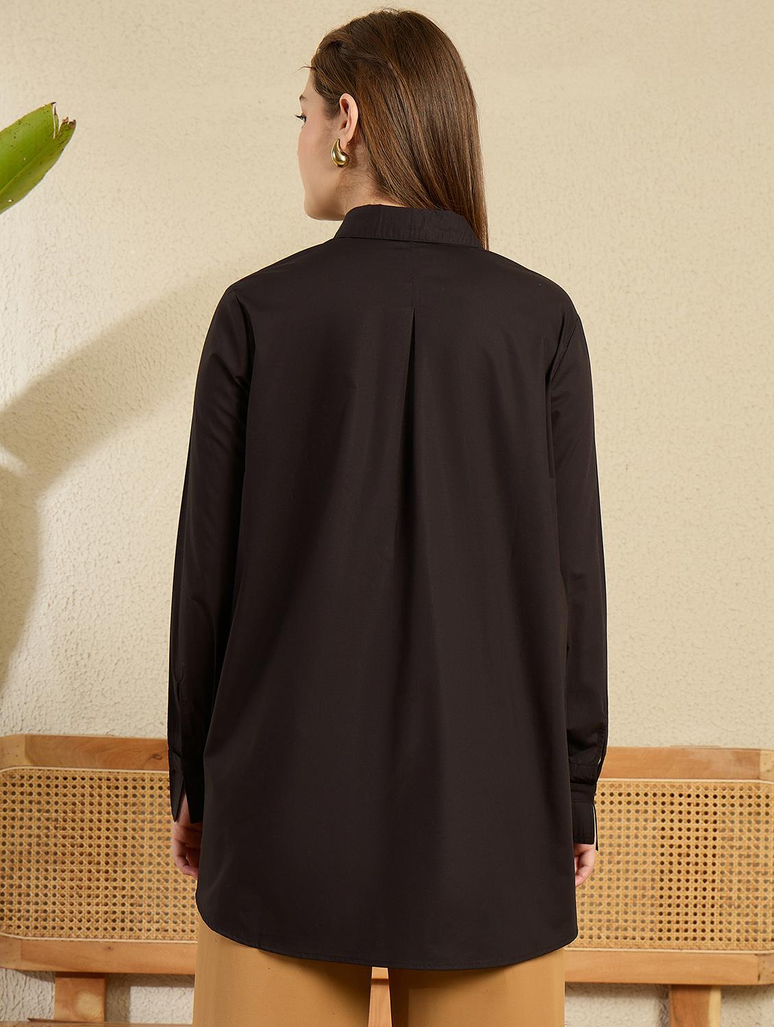 women black solid collared high low oversized shirt - 21976952 - Standard Image - 3