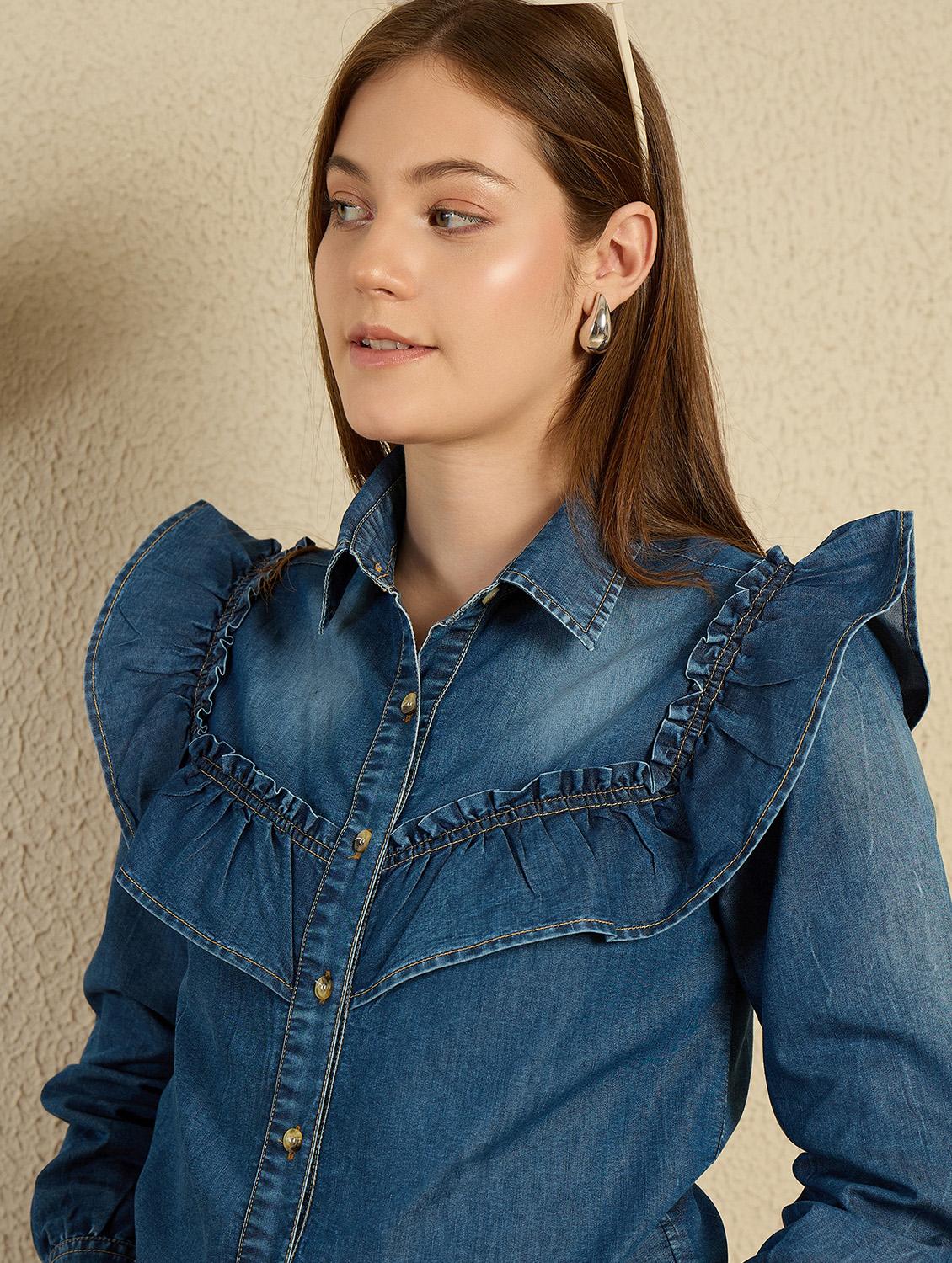 women washed long sleeve denim shirt - 21976954 - Standard Image - 5