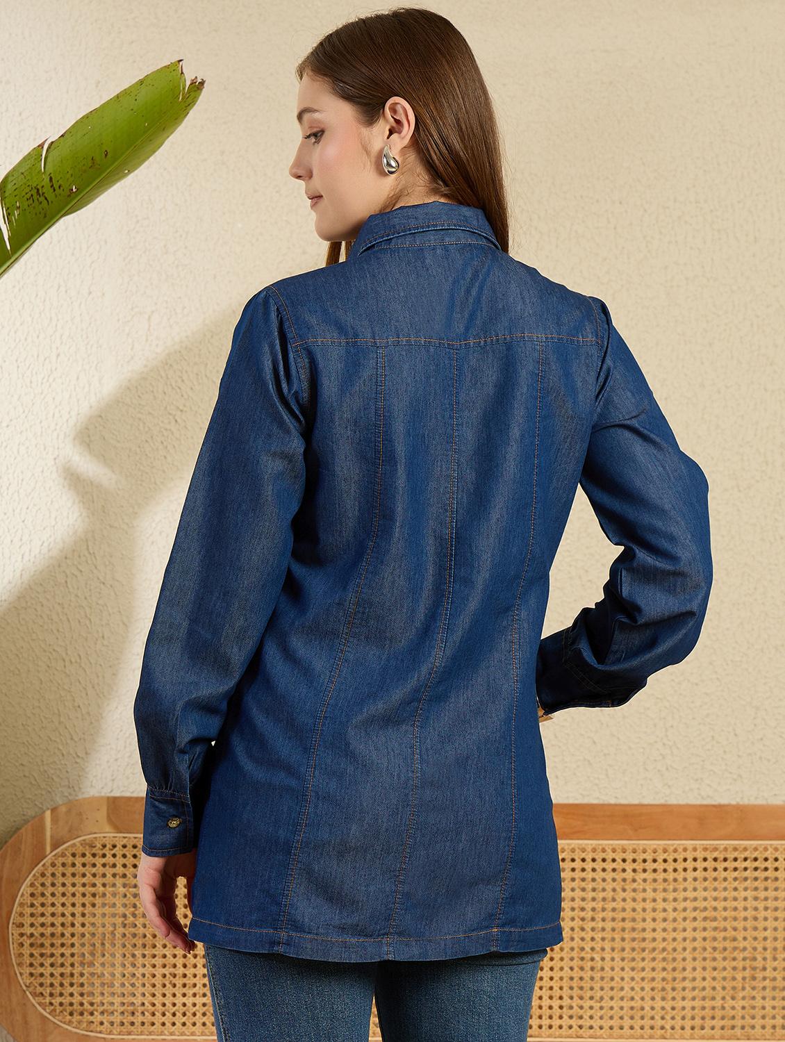 women solid collared long sleeve denim shirt - 21976955 - Standard Image - 3