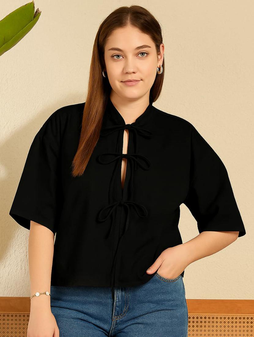women black solid front tie up neck relaxed fit shirt - 21976958 - Zoom Image - 0