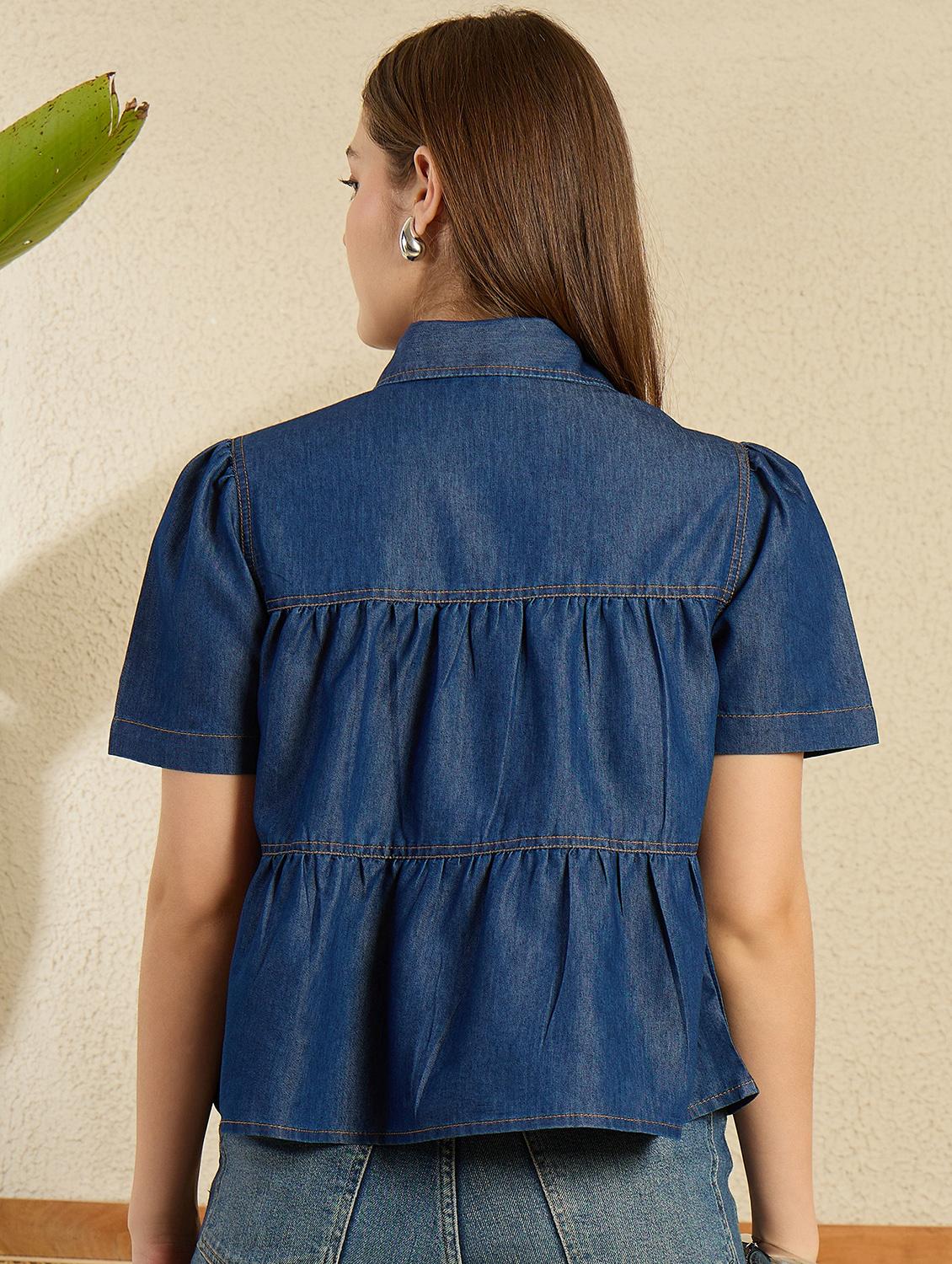 women solid collared denim peplum top - 21976962 - Standard Image - 3