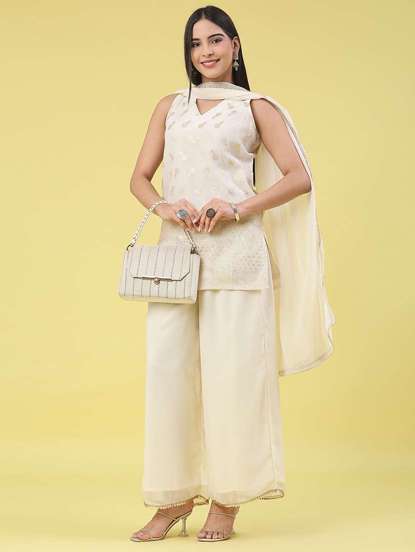 women self design sleeveless kurta palazzo with dupatta set