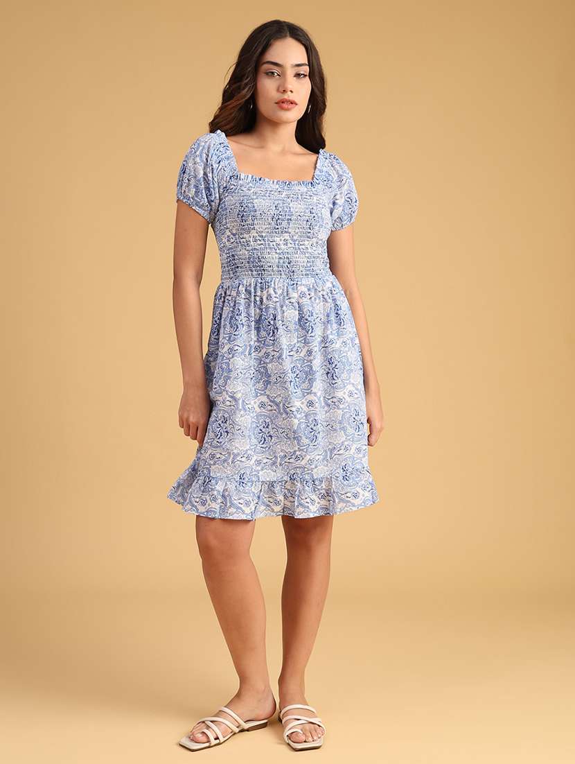 women printed puff sleeve tiered dress