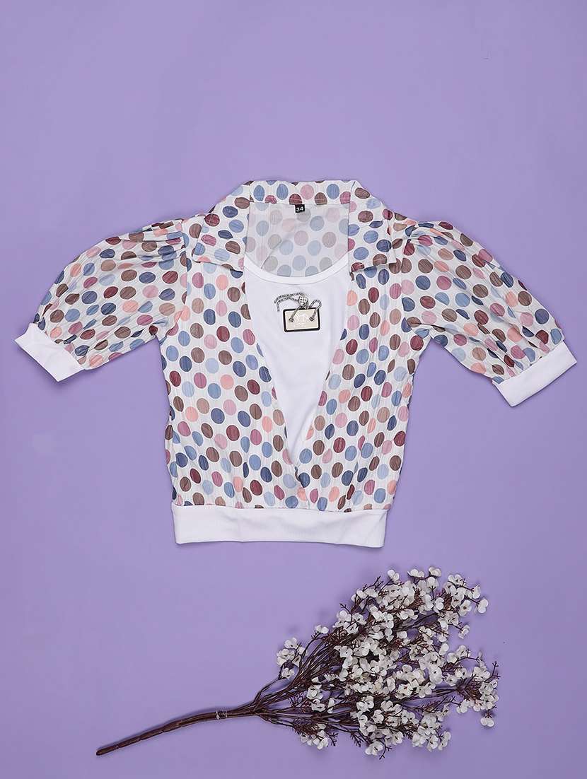 girls polka doted puff sleeve collared top