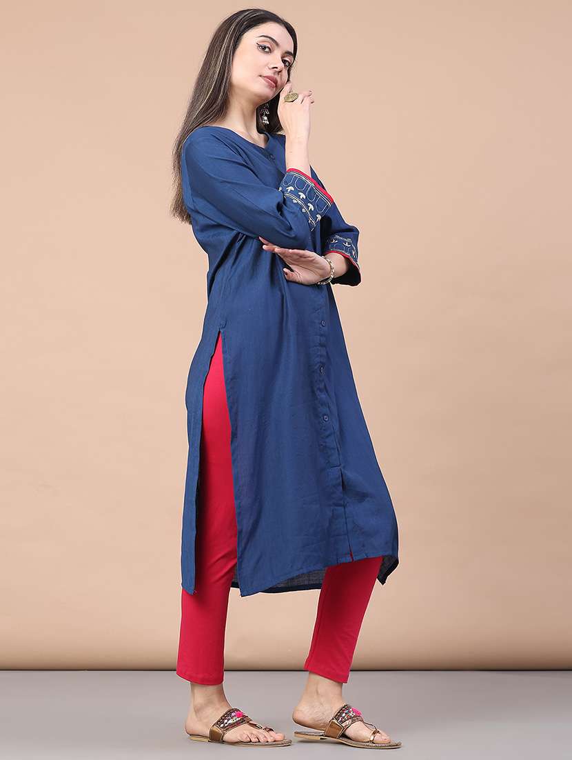 women solid three quarter sleeve a-line kurta - 21977265 -  Standard Image - 3