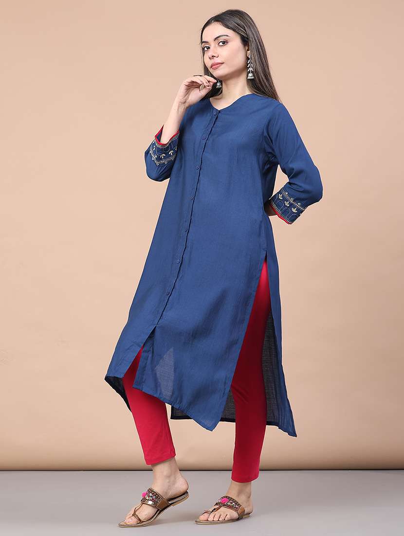 women solid three quarter sleeve a-line kurta - 21977265 -  Standard Image - 5