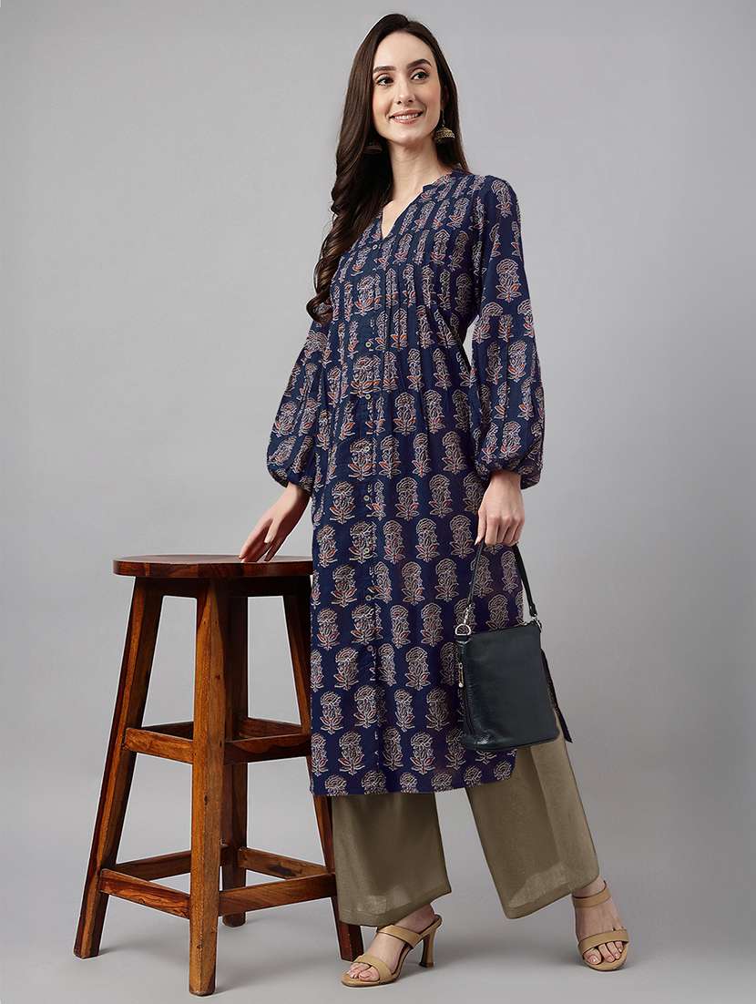 women printed long sleeve a-line kurta