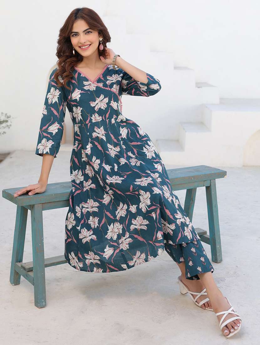 women floral three quarter sleeve kurta pant set - 21977282 -  Standard Image - 5