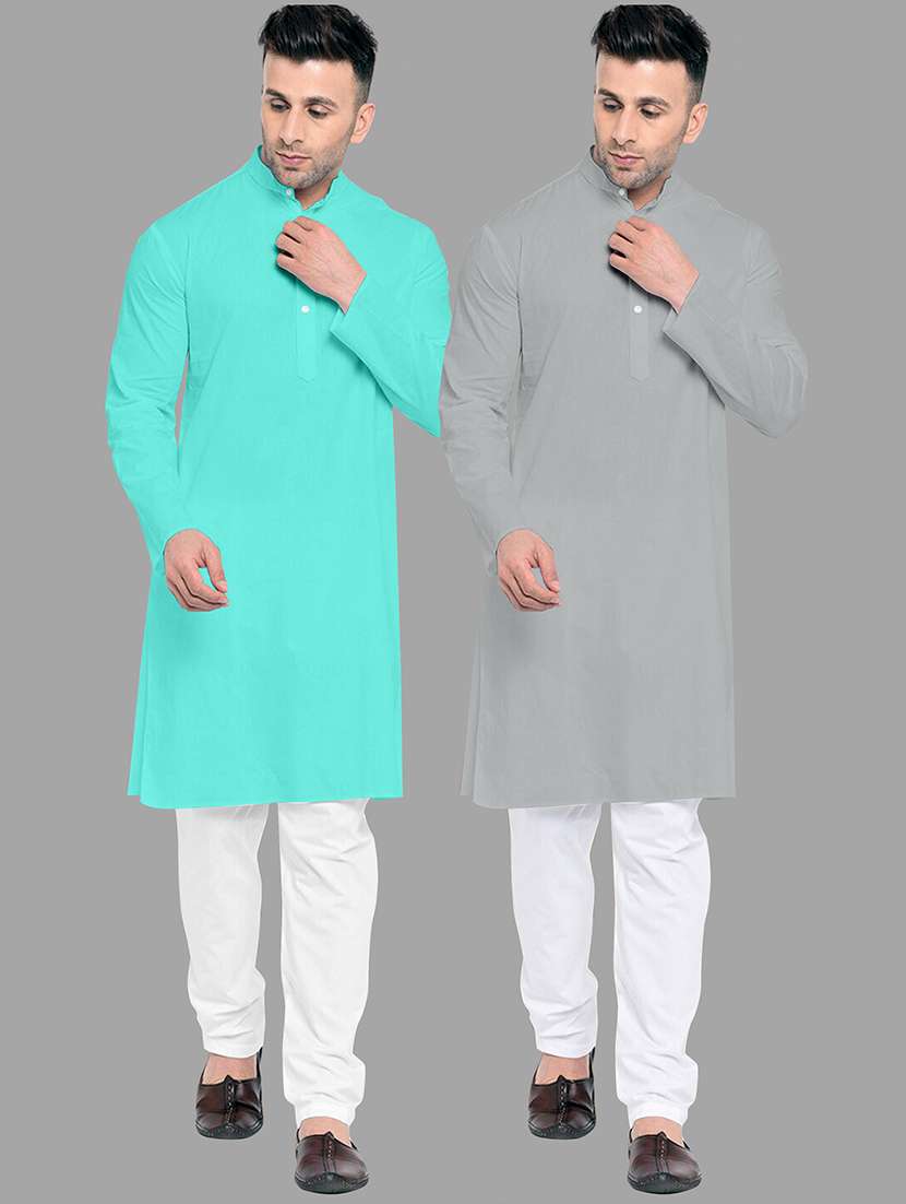 men pack of 2 solid mandarin neck kurta pyjama ethnic wear set