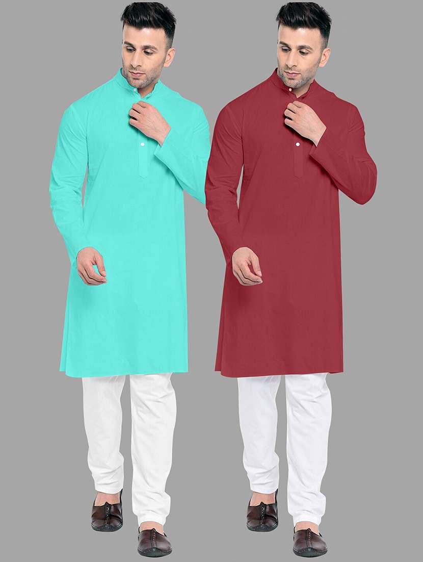 men pack of 2 solid mandarin neck kurta pyjama ethnic wear set