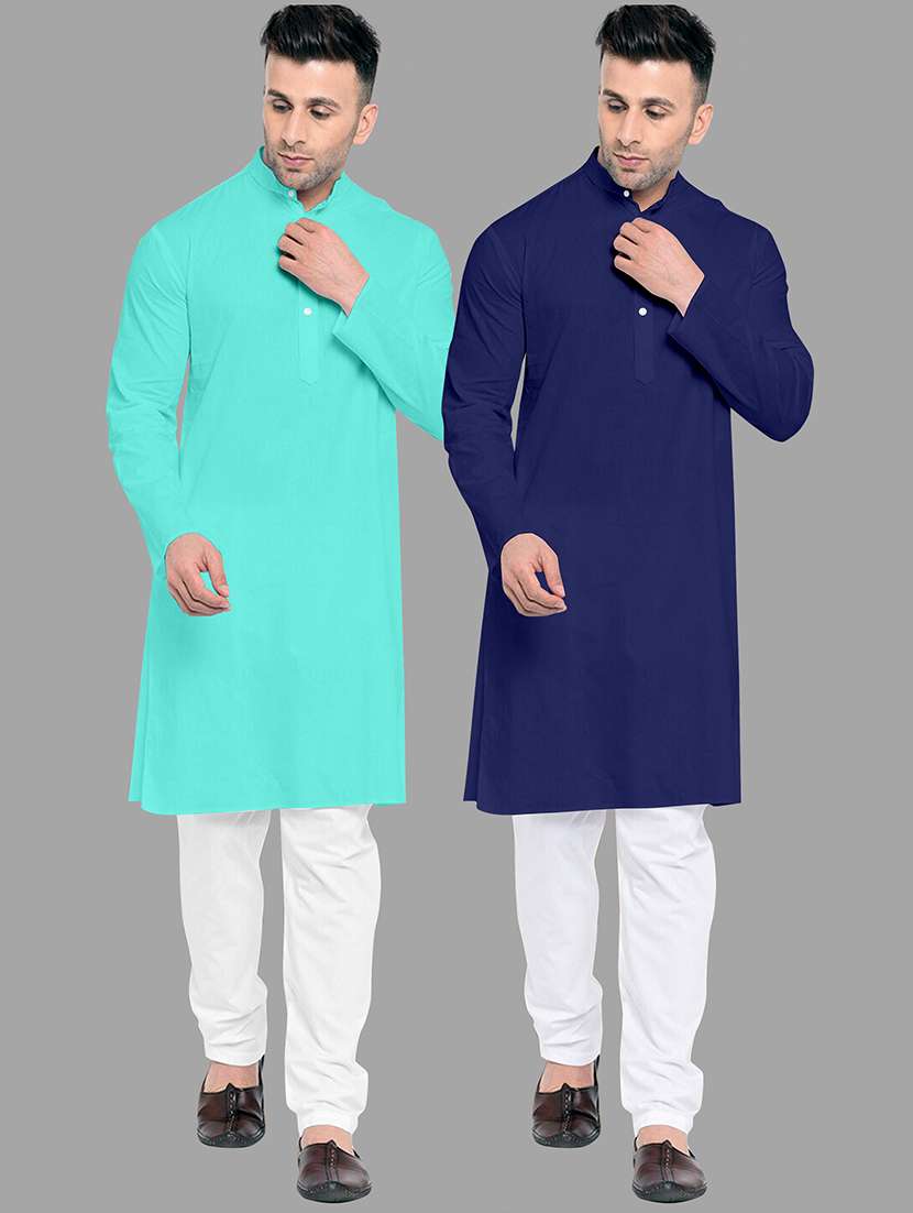 men pack of 2 solid mandarin neck kurta pyjama ethnic wear set