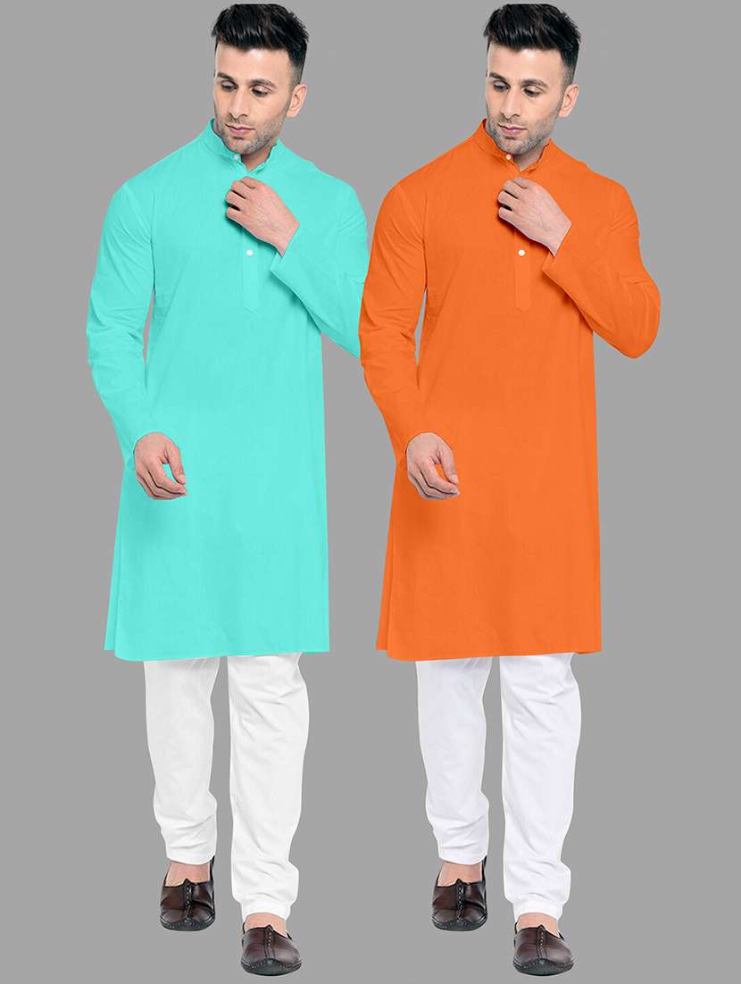 men pack of 2 solid mandarin neck kurta pyjama ethnic wear set
