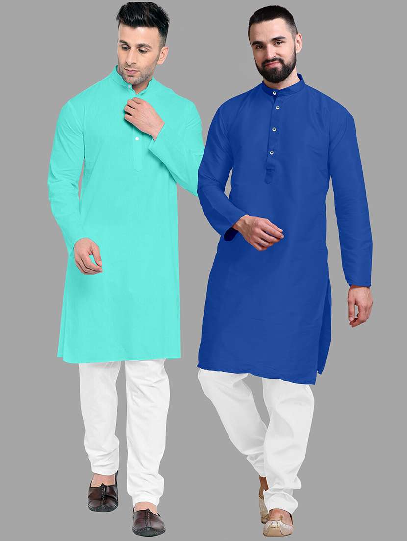 men pack of 2 solid mandarin neck kurta pyjama ethnic wear set