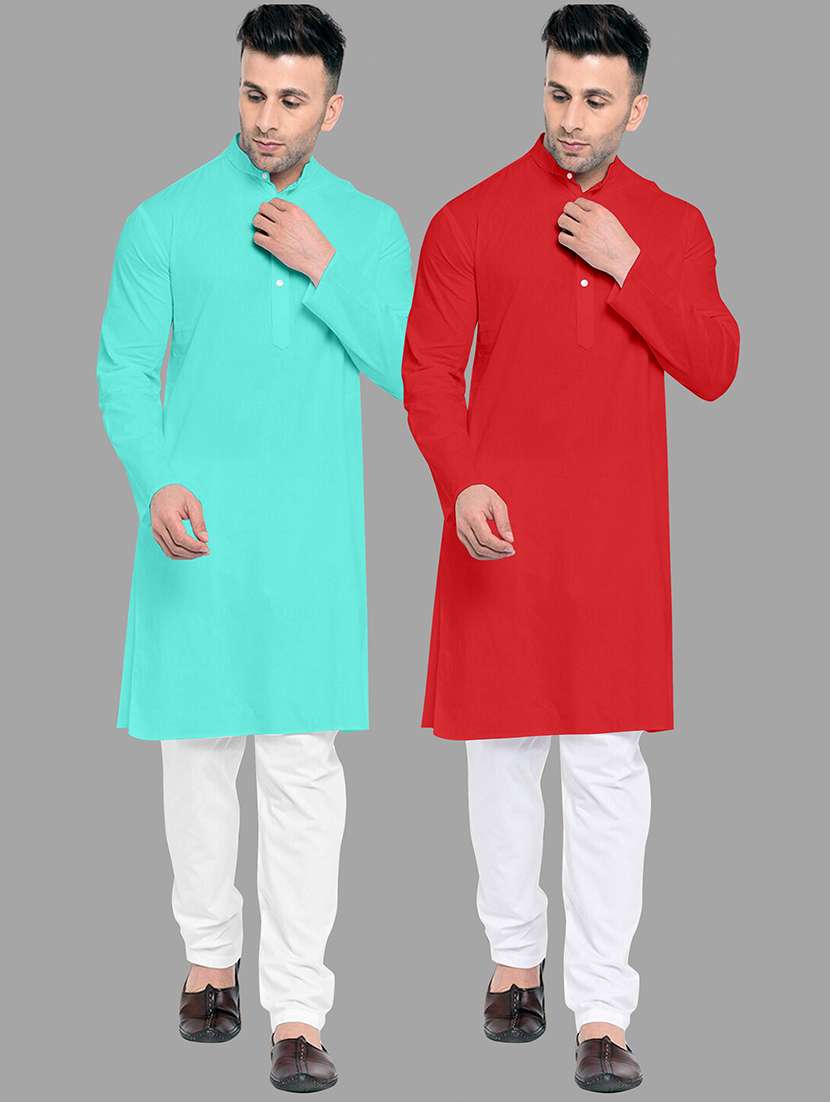 men pack of 2 solid mandarin neck kurta pyjama ethnic wear set