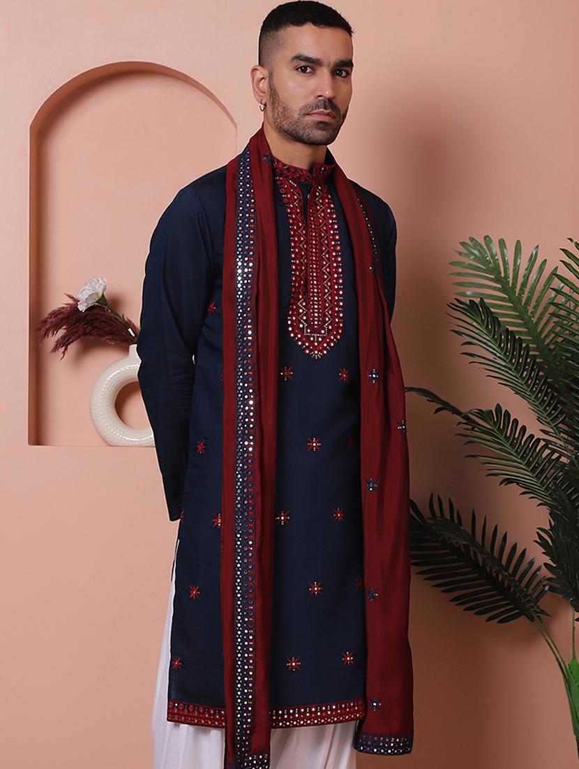 men embroidered mandarin neck kurta with dupatta - 21977397 -  Zoom Image - 0