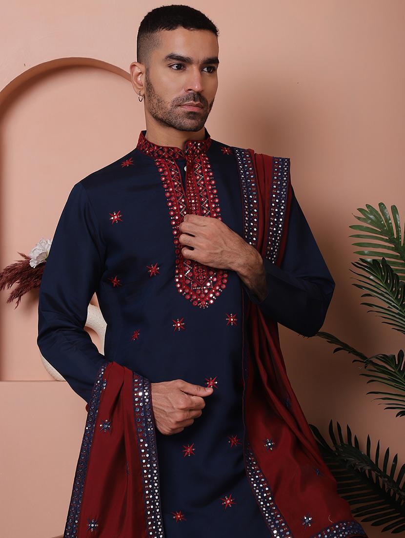 men embroidered mandarin neck kurta with dupatta - 21977397 - Standard Image - 3