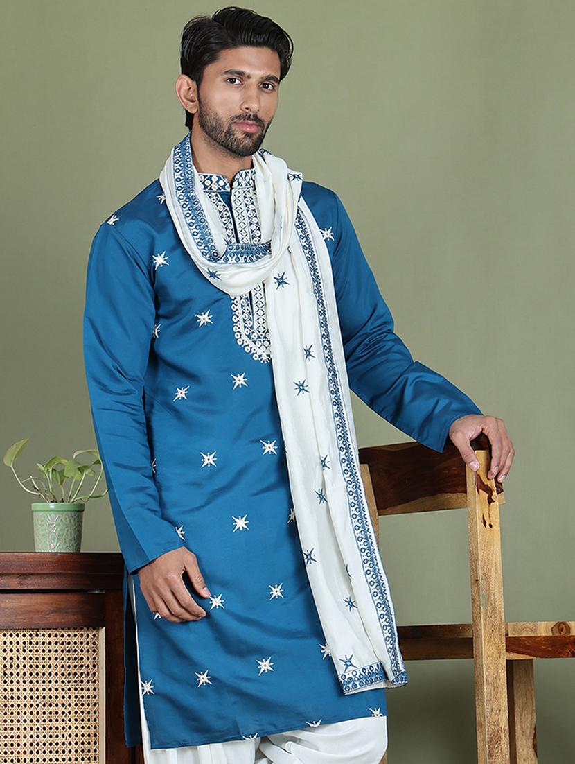 men embroidered mandarin neck kurta with dupatta - 21977399 - Zoom Image - 0