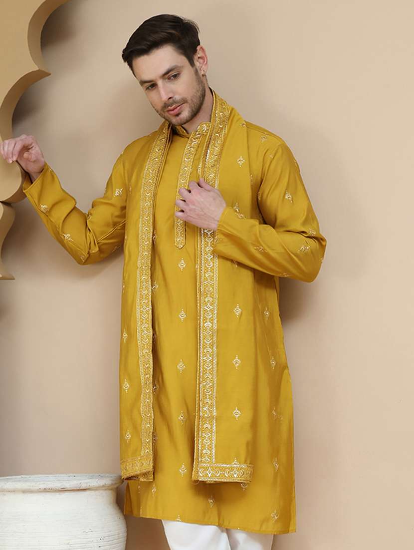 men embroidered mandarin neck kurta with dupatta