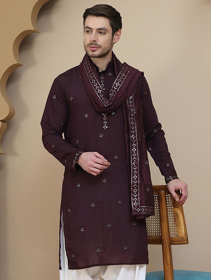 men embroidered mandarin neck kurta with dupatta