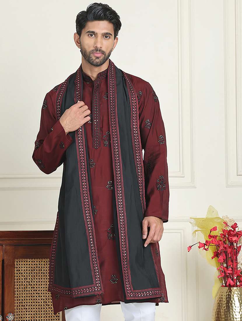 men embroidered mandarin neck kurta with dupatta