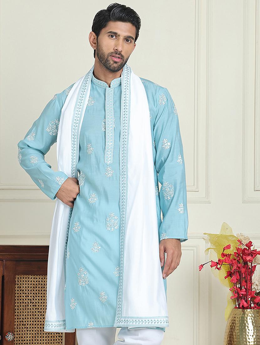 men embroidered mandarin neck kurta with dupatta