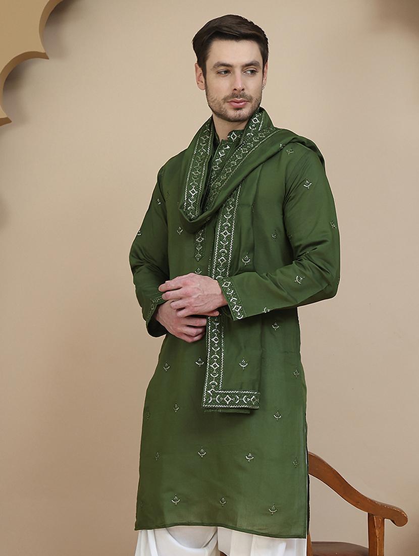 men embroidered mandarin neck kurta with dupatta