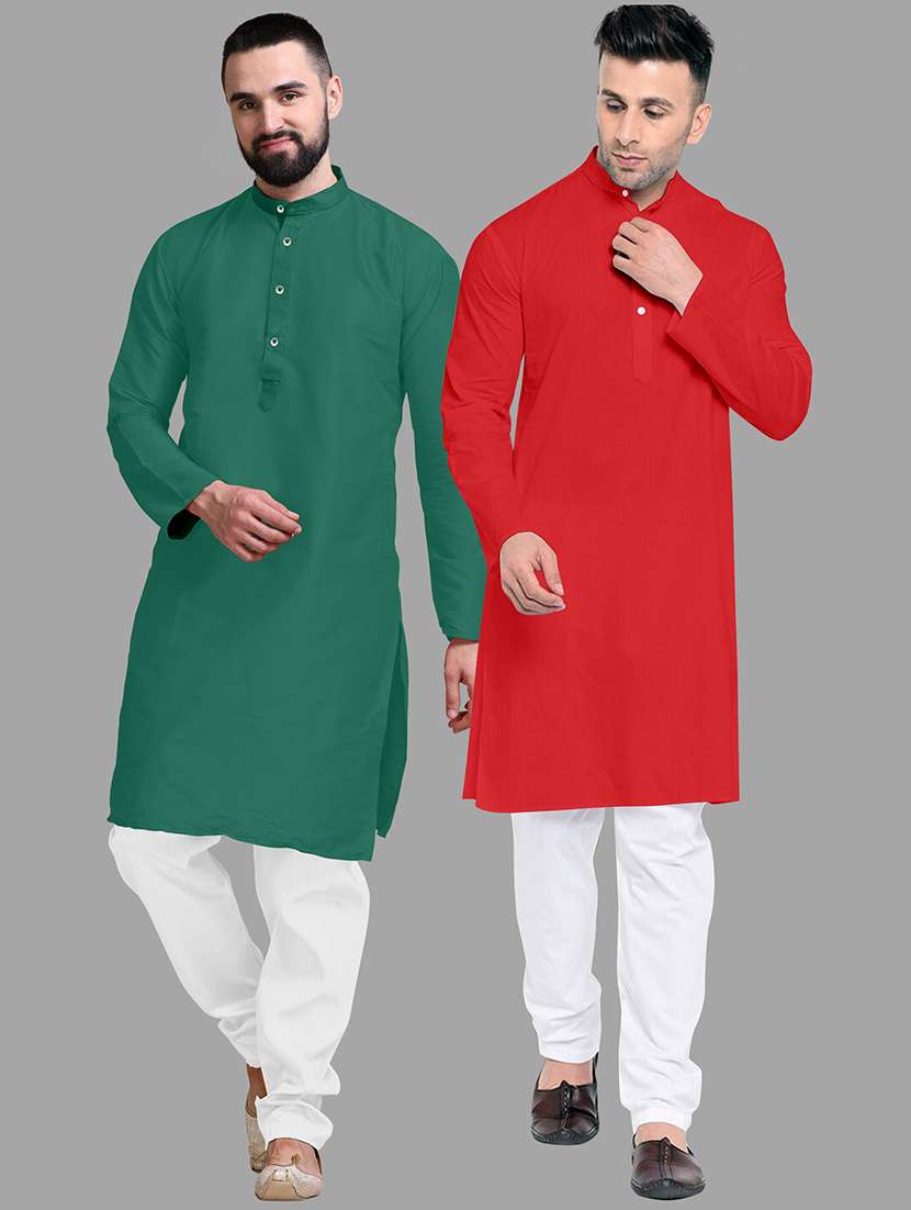 men pack of 2 solid mandarin neck kurta pyjama set