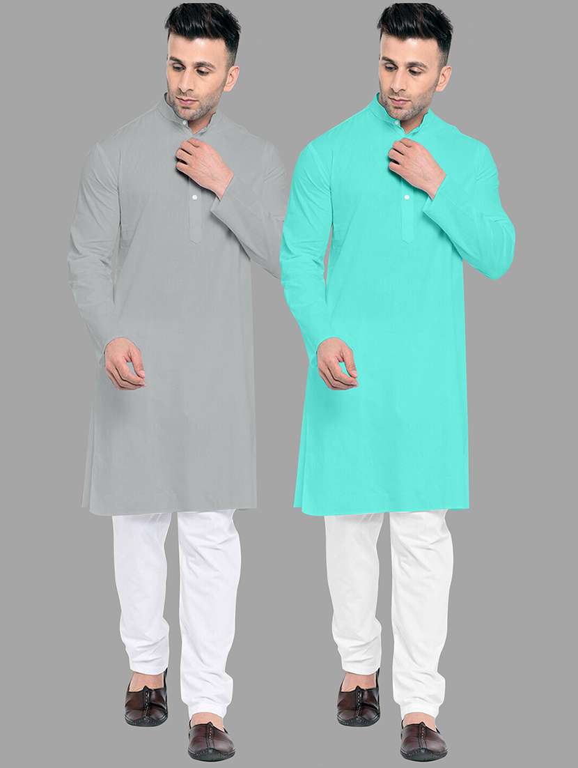 men pack of 2 solid mandarin neck kurta pyjama set