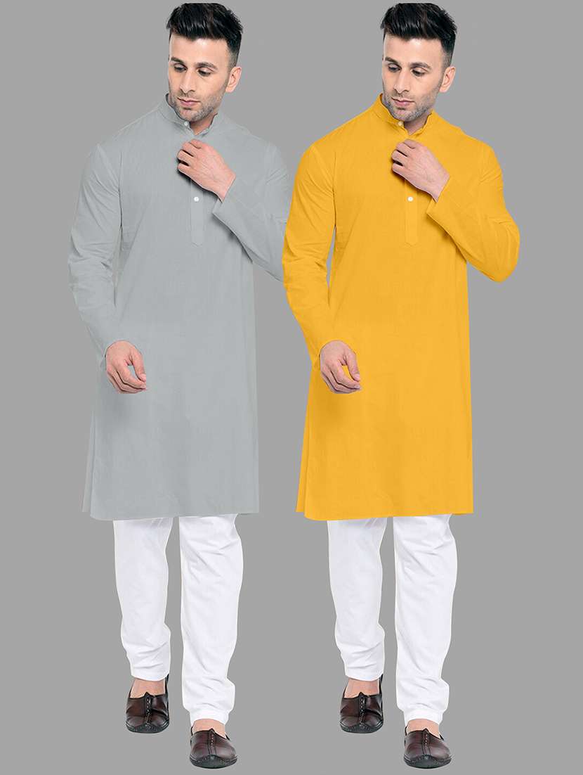 men pack of 2 solid mandarin neck kurta pyjama ethnic wear set