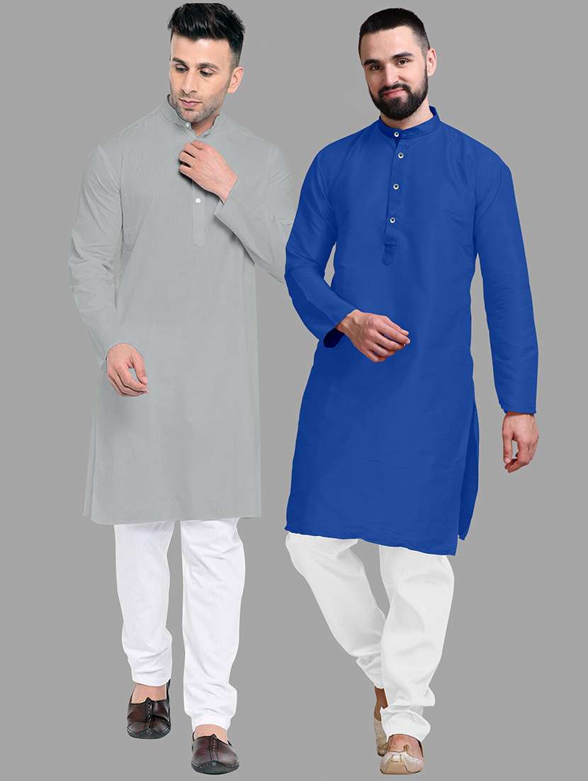 men pack of 2 solid mandarin neck kurta pyjama ethnic wear set