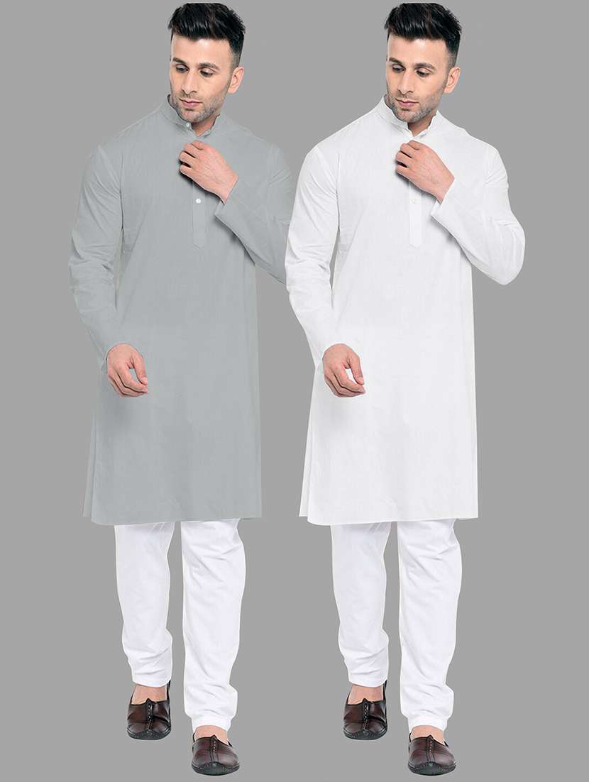 men pack of 2 solid mandarin neck kurta pyjama ethnic wear set