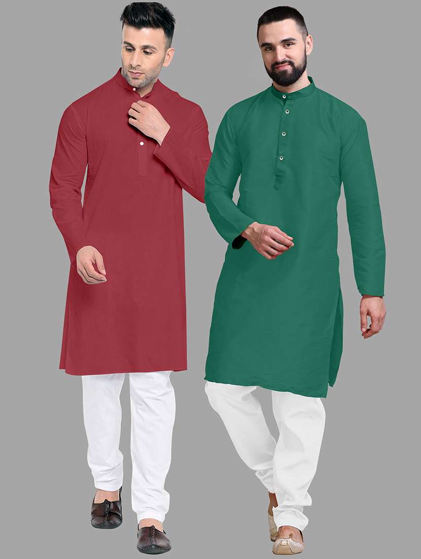 men pack of 2 solid mandarin neck kurta pyjama set