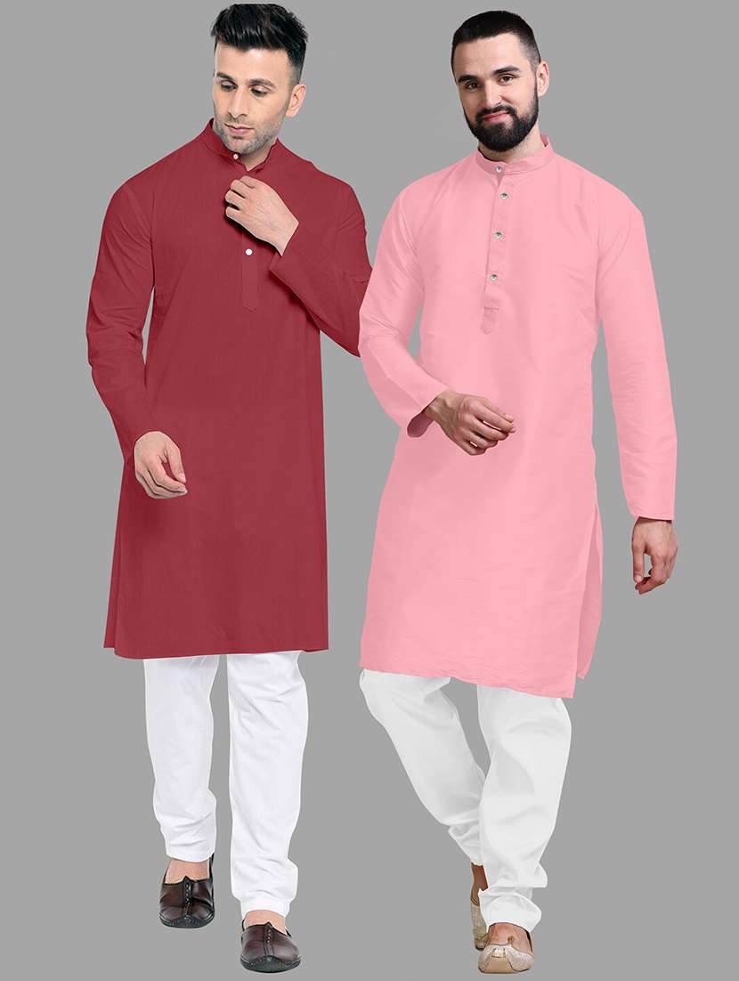 men pack of 2 solid mandarin neck kurta pyjama set