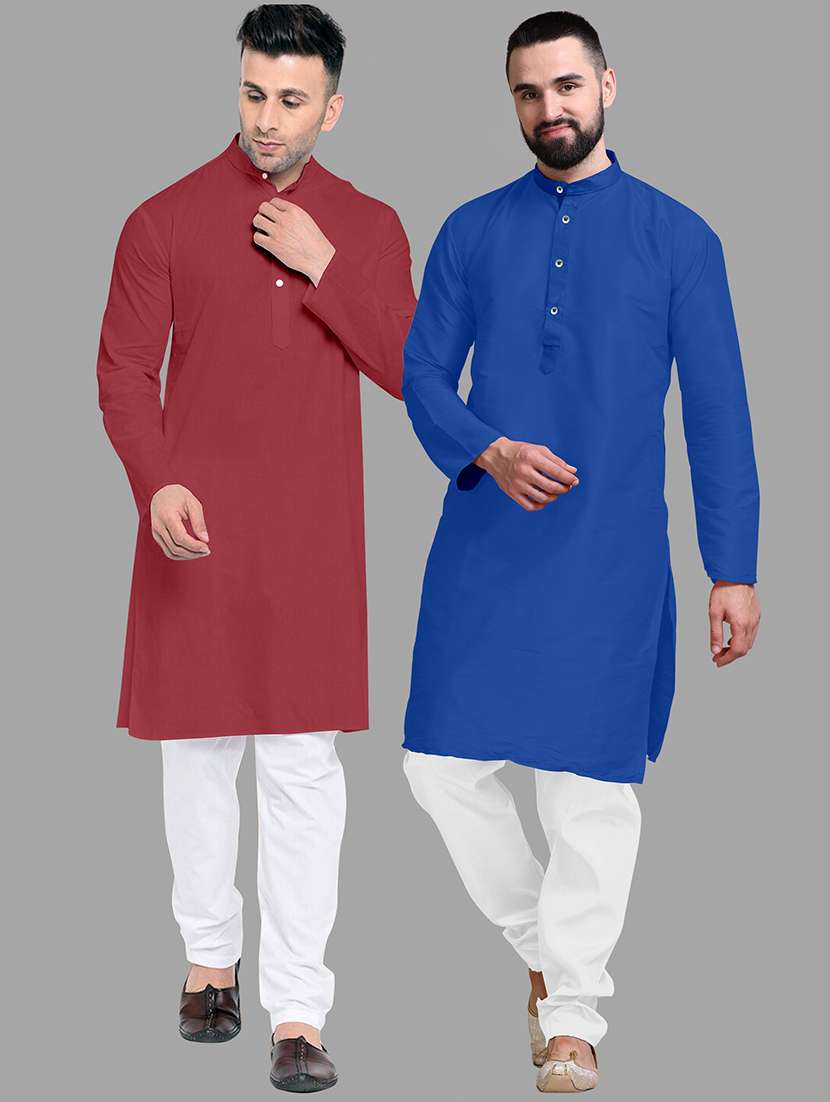 men pack of 2 solid mandarin neck kurta pyjama set