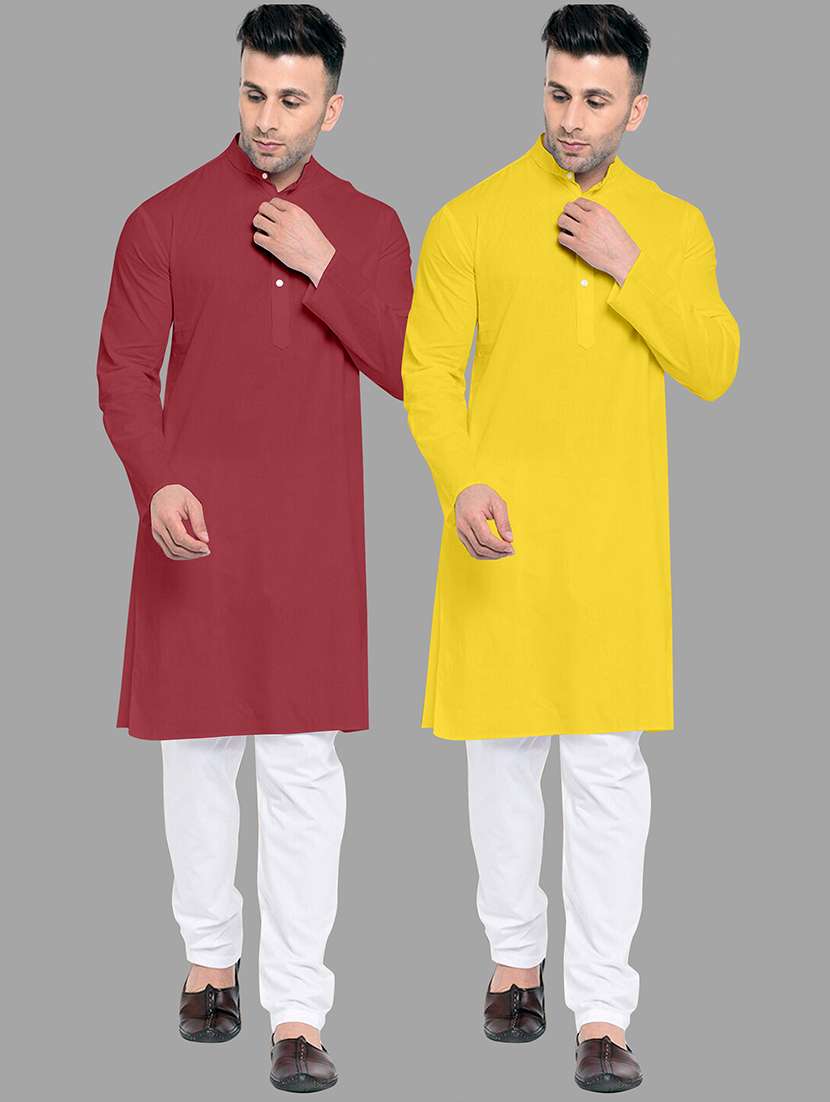 men pack of 2 solid mandarin neck kurta pyjama set