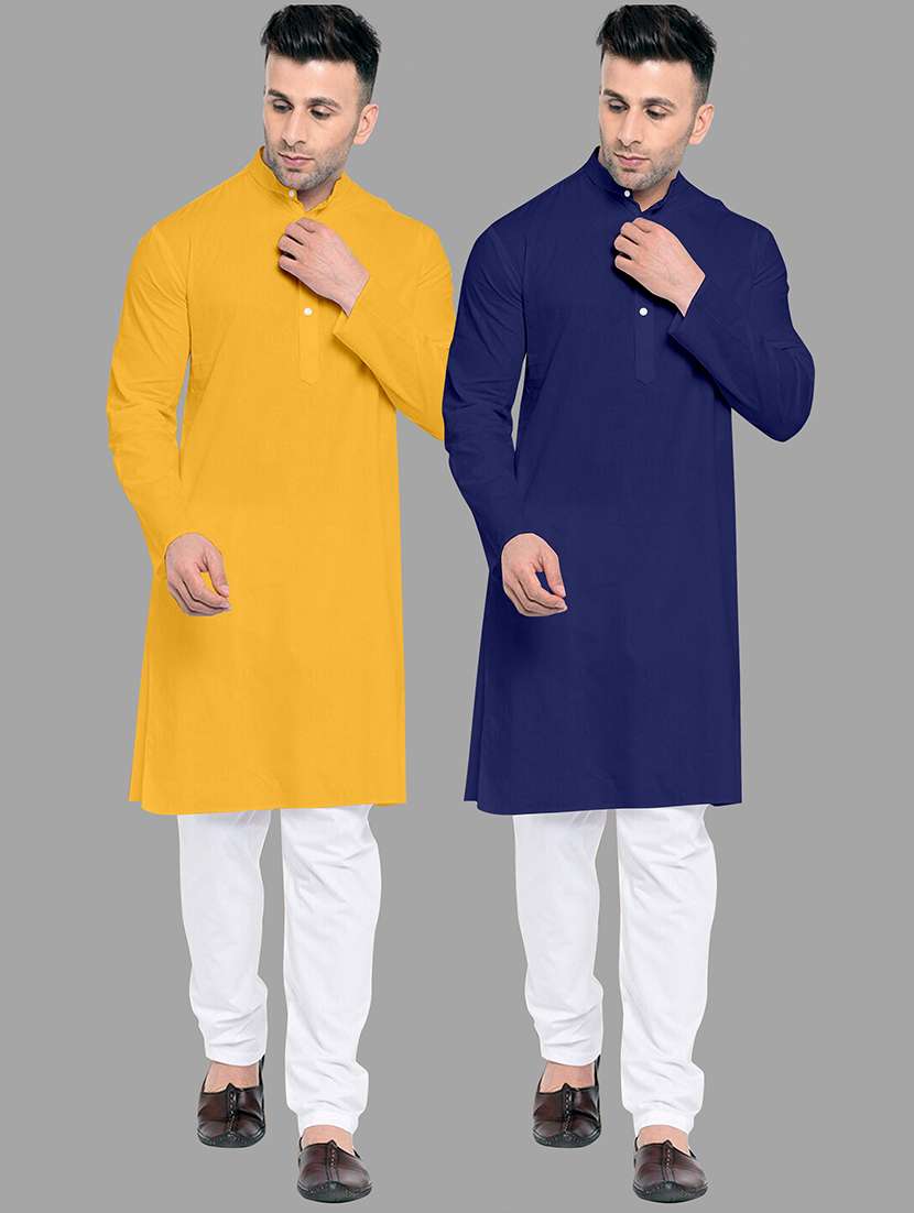 men pack of 2 solid mandarin neck kurta pyjama set