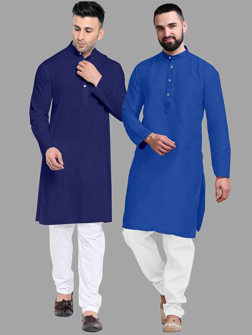 men pack of 2 solid mandarin neck kurta pyjama set