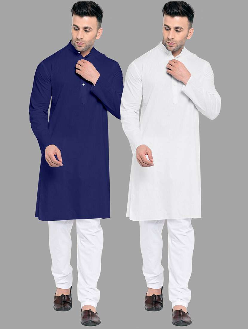men pack of 2 solid mandarin neck kurta pyjama set