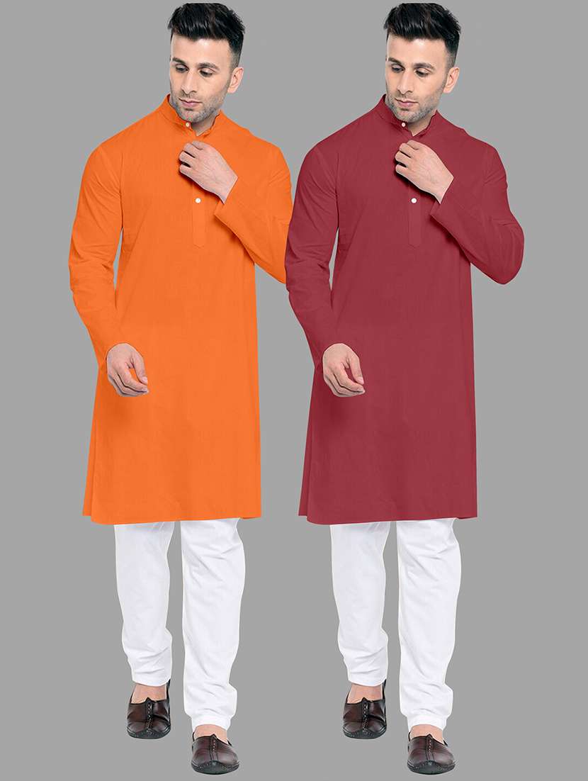 men pack of 2 solid mandarin neck kurta pyjama ethnic wear set