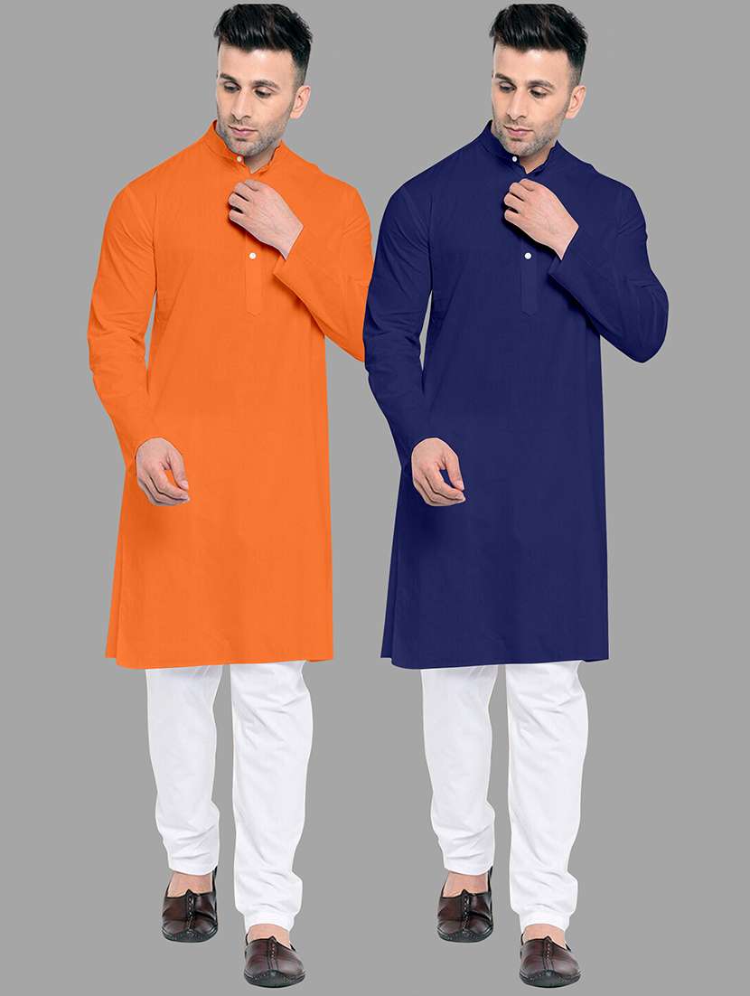 men pack of 2 solid mandarin neck kurta pyjama ethnic wear set