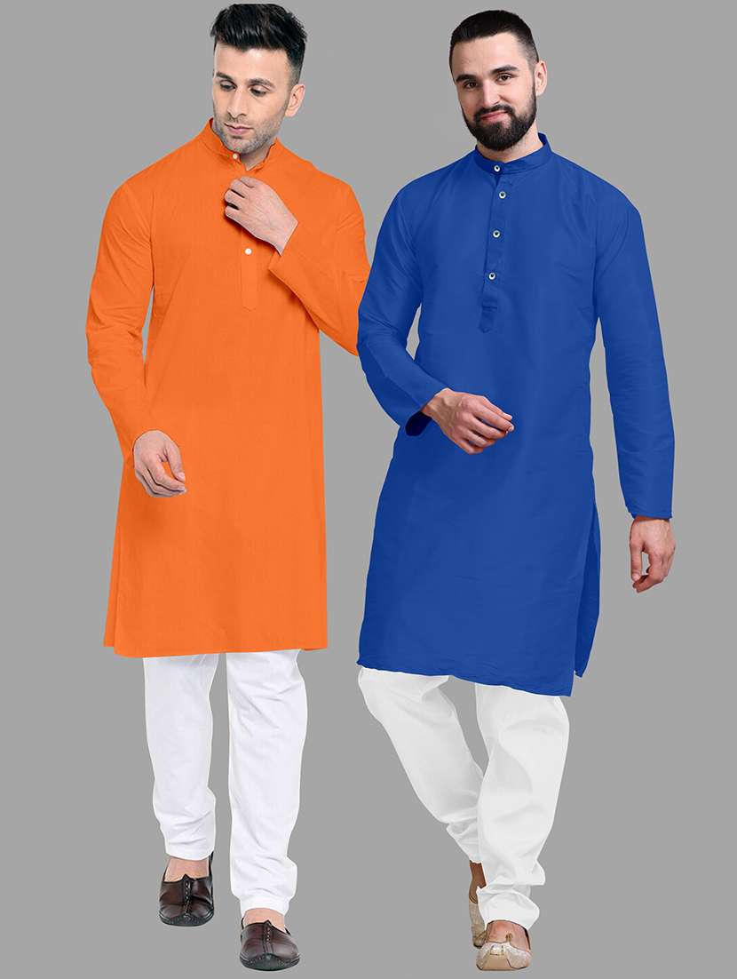men pack of 2 solid mandarin neck kurta pyjama ethnic wear set