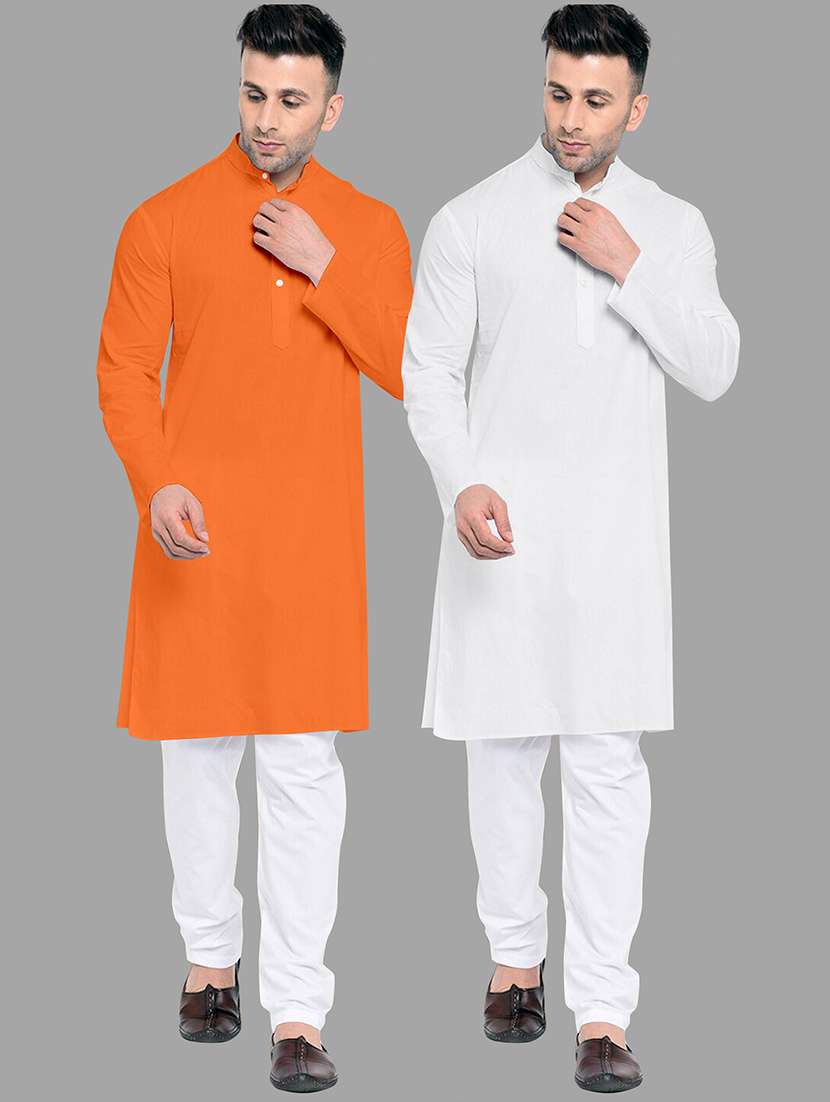men pack of 2 solid mandarin neck kurta pyjama ethnic wear set