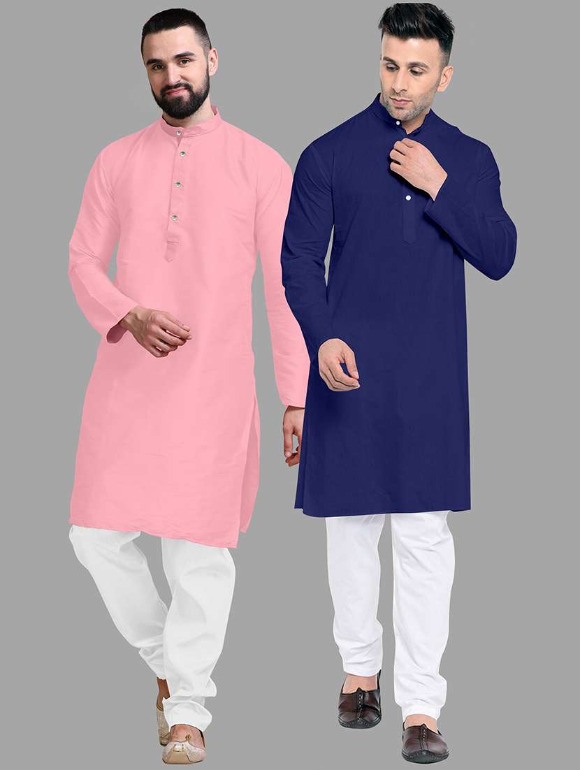 men pack of 2 solid mandarin neck kurta pyjama set