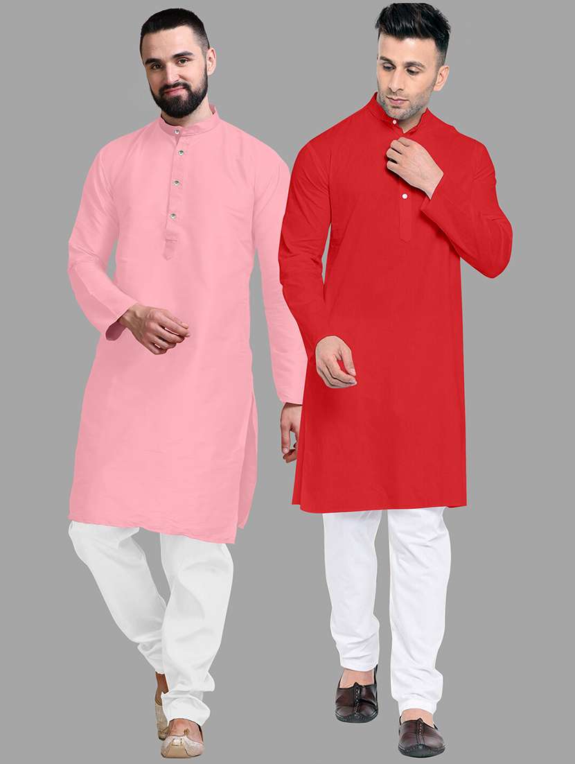 men pack of 2 solid mandarin neck kurta pyjama set
