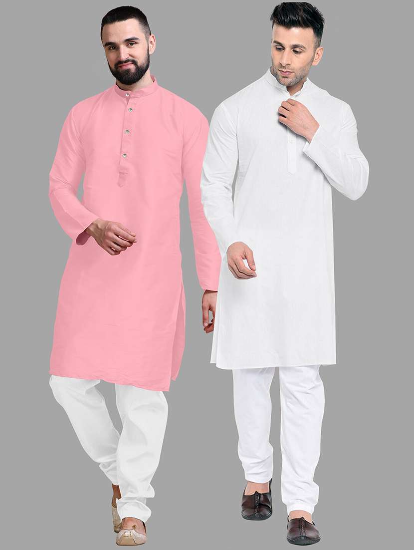 men pack of 2 solid mandarin neck kurta pyjama set