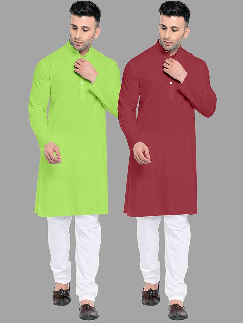 men pack of 2 solid mandarin neck kurta pyjama ethnic wear set