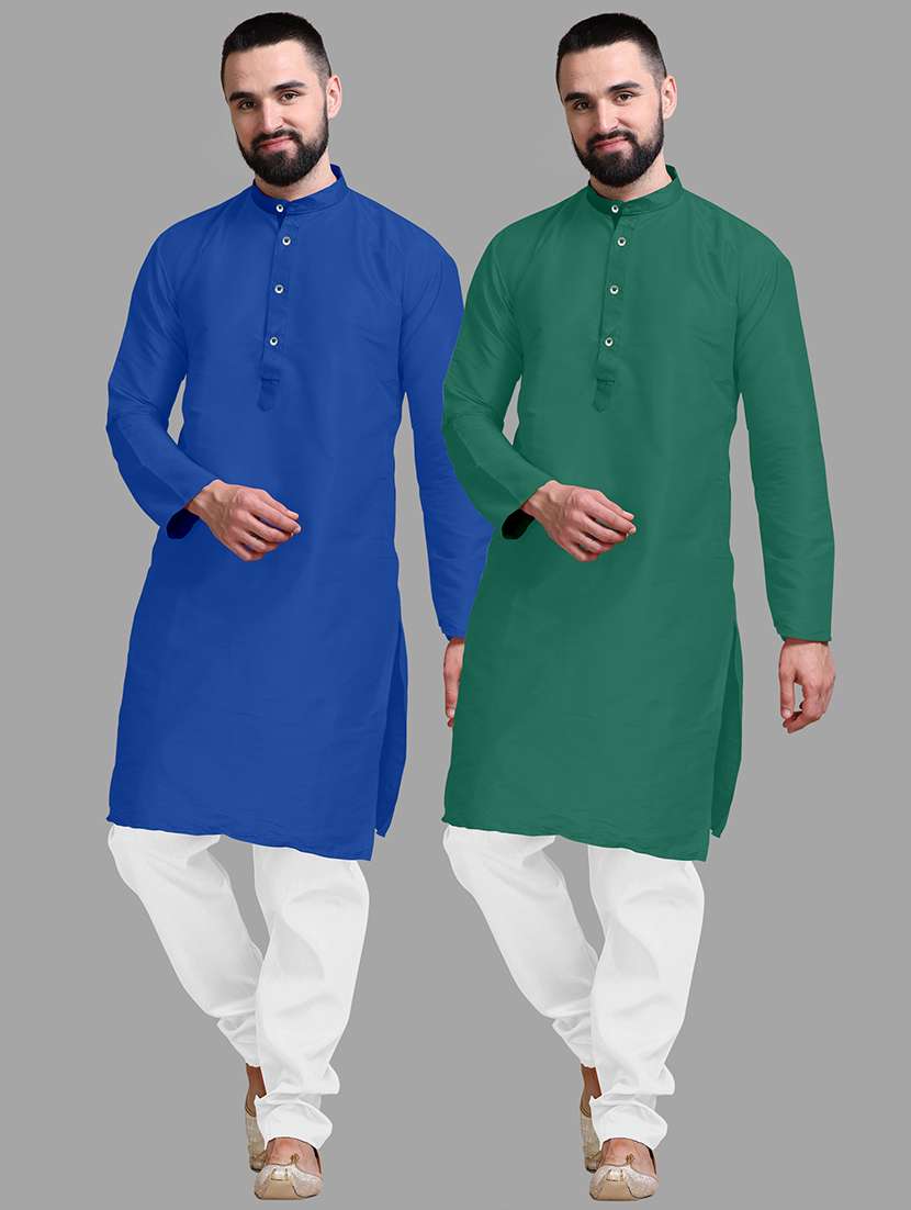 men pack of 2 solid mandarin neck kurta pyjama set