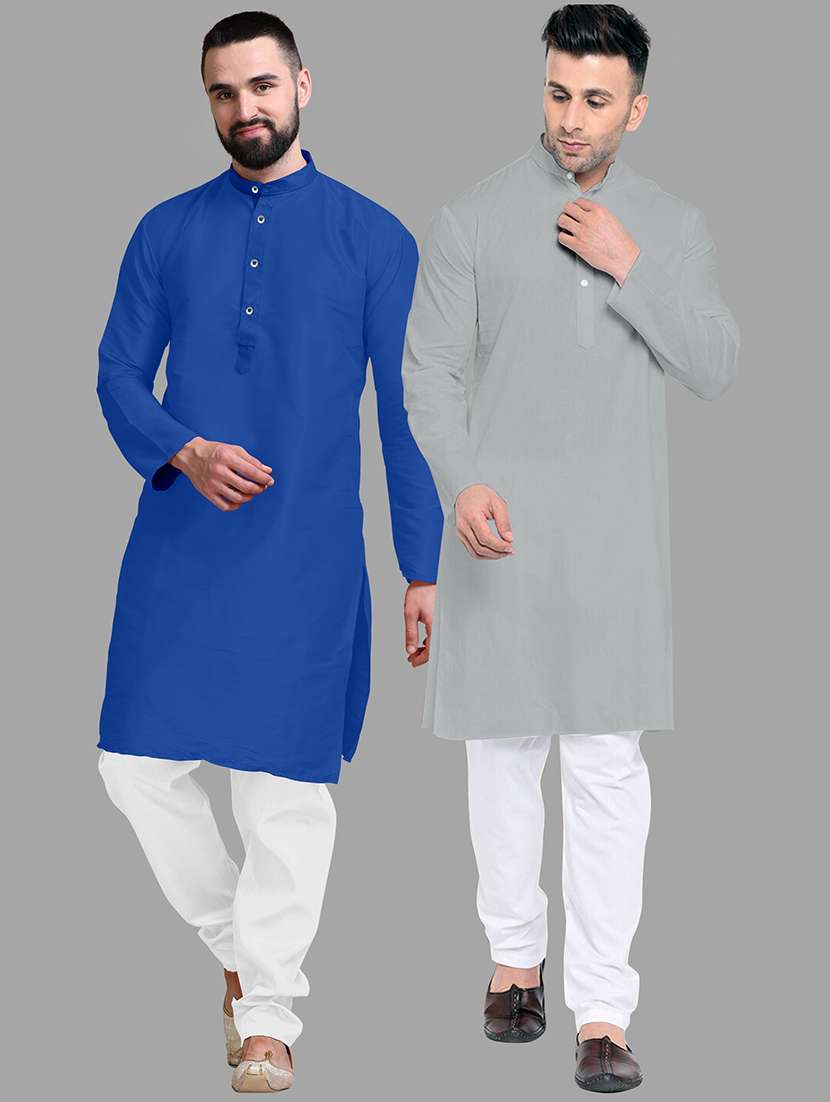 men pack of 2 solid mandarin neck kurta pyjama set