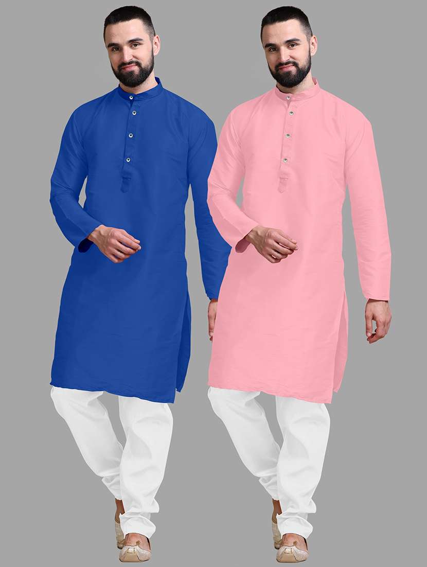 men pack of 2 solid mandarin neck kurta pyjama set